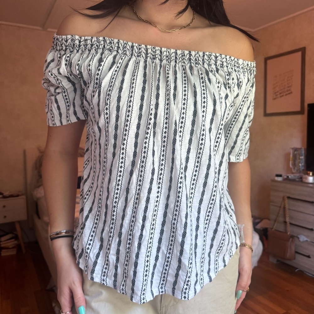 LOFT Black and White Smocked Blouse